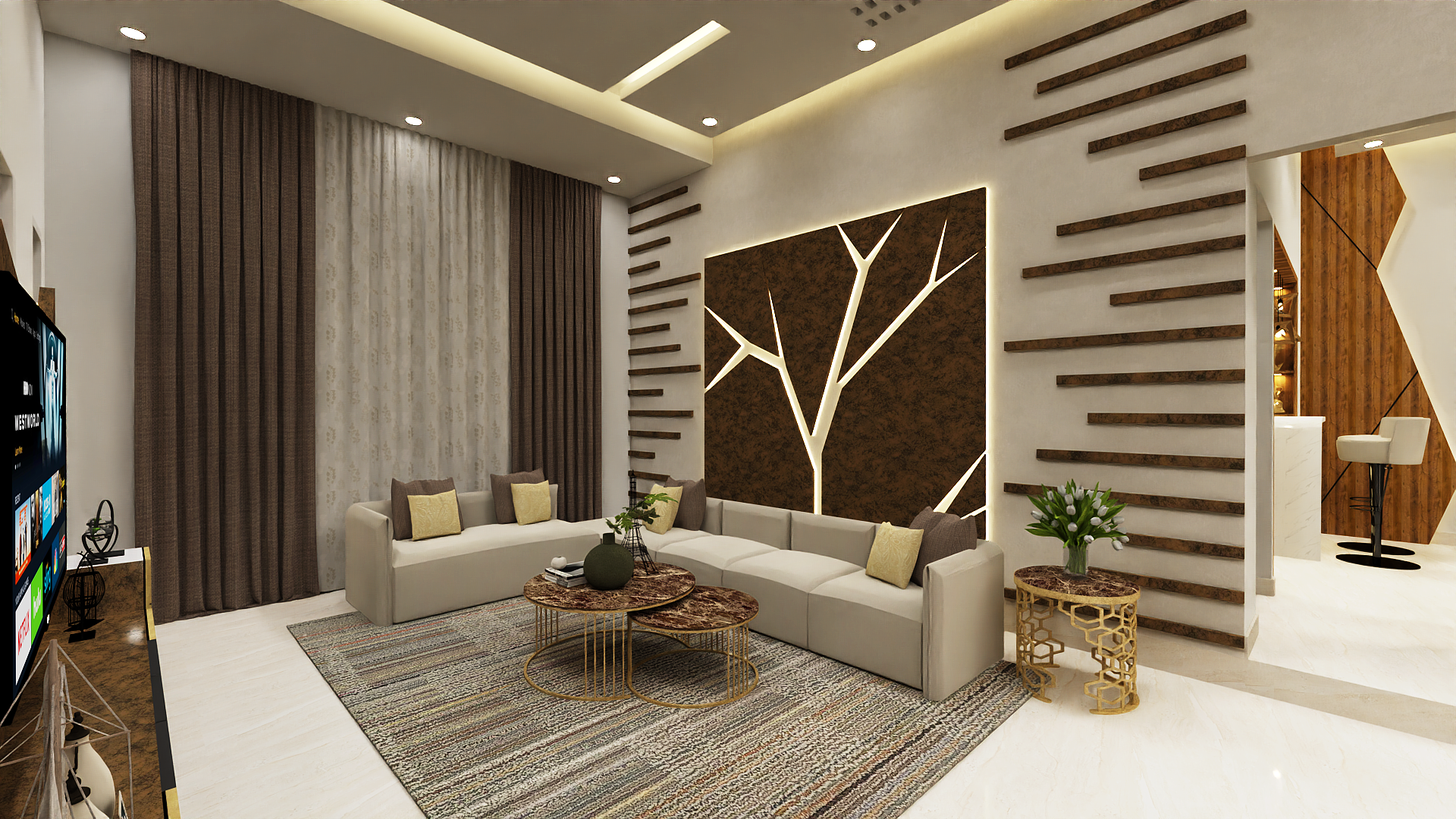Premium living room interior design in Bangalore apartment by Celeste Interio
