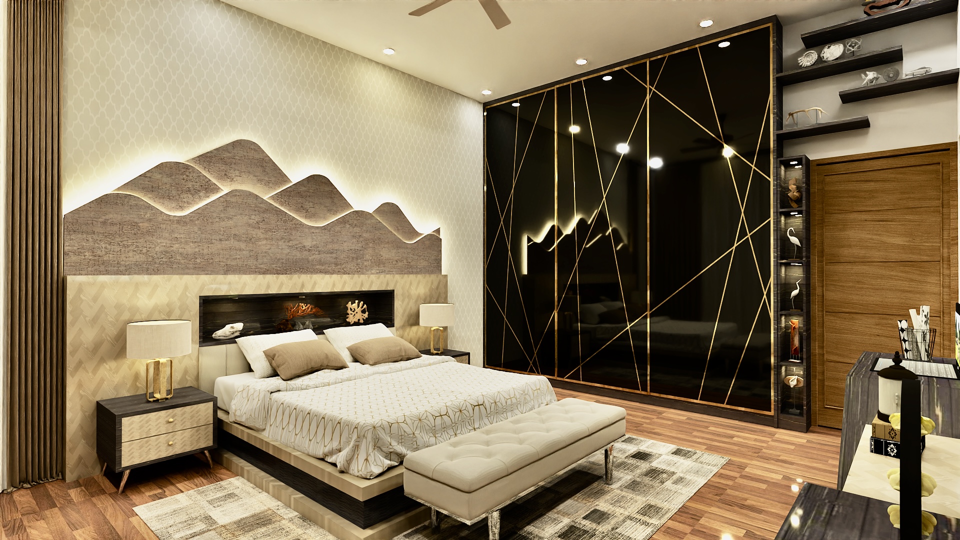 Luxury bedroom interior design in Bangalore with custom wardrobe and lighting